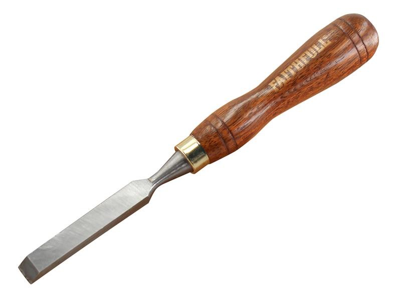 A hardened steel chisel with a bevelled cutting edge and a square-section body, for cutting stone, brick, or timber.