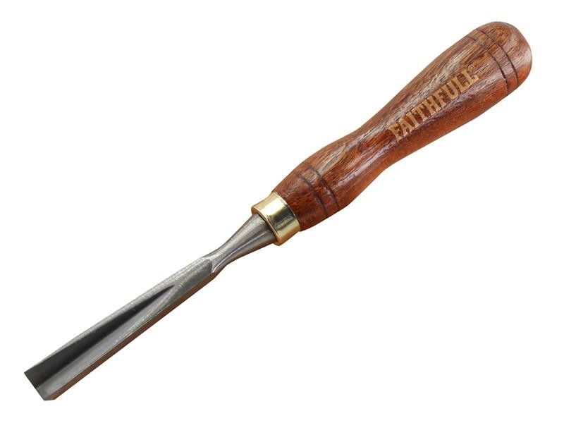 A hardened steel chisel with a bevelled cutting edge and a square-section body, for cutting stone, brick, or timber.