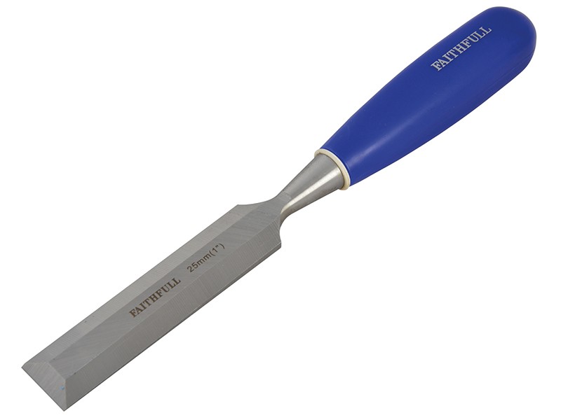 A bevel-edge wood chisel with a hardened steel blade and a polymer or wooden handle, for paring and chopping joints in timber.