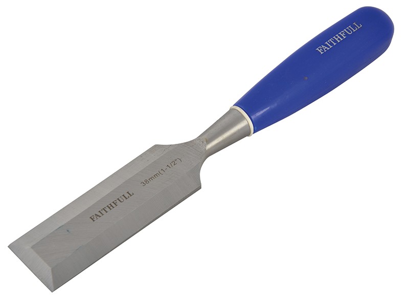 A bevel-edge wood chisel with a hardened steel blade and a polymer or wooden handle, for paring and chopping joints in timber.