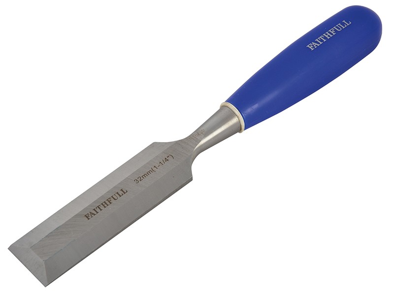 A bevel-edge wood chisel with a hardened steel blade and a polymer or wooden handle, for paring and chopping joints in timber.