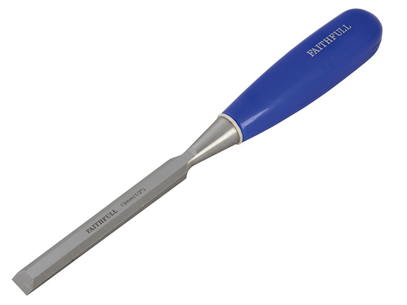 A bevel-edge wood chisel with a hardened steel blade and a polymer or wooden handle, for paring and chopping joints in timber.