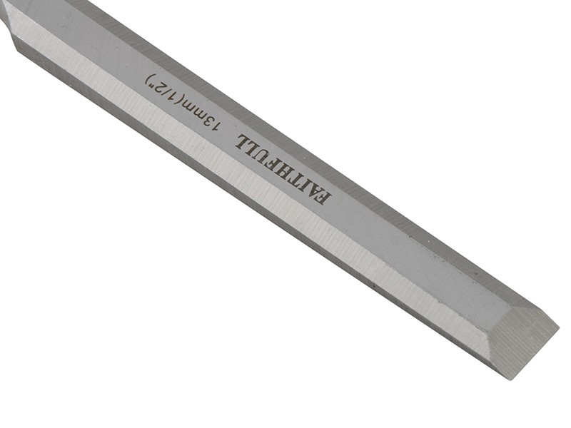 A bevel-edge wood chisel with a hardened steel blade and a polymer or wooden handle, for paring and chopping joints in timber.