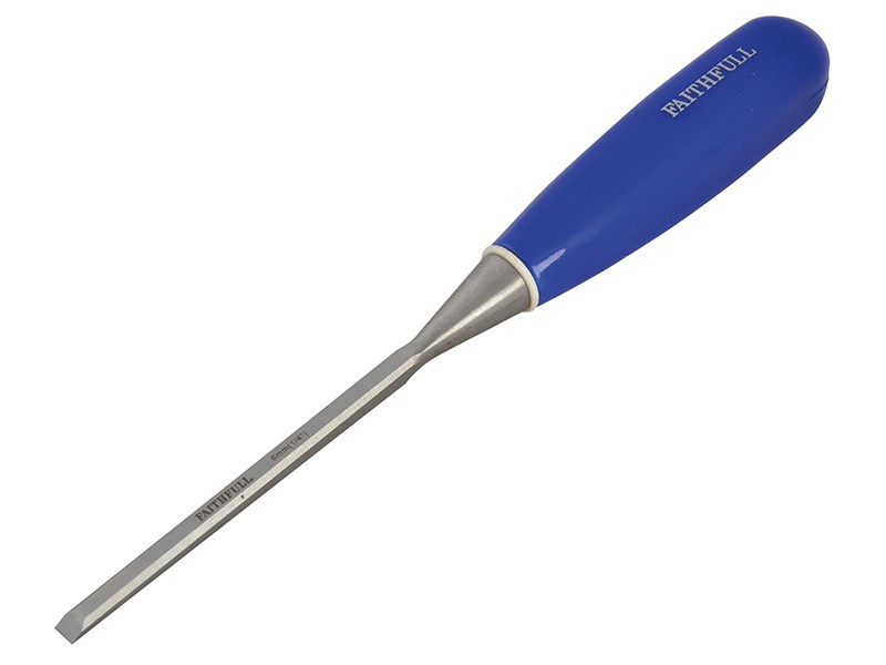 A bevel-edge wood chisel with a hardened steel blade and a polymer or wooden handle, for paring and chopping joints in timber.