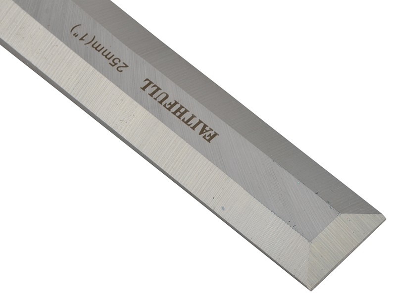 A bevel-edge wood chisel with a hardened steel blade and a polymer or wooden handle, for paring and chopping joints in timber.