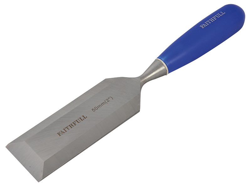 A bevel-edge wood chisel with a hardened steel blade and a polymer or wooden handle, for paring and chopping joints in timber.