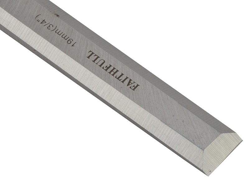 A bevel-edge wood chisel with a hardened steel blade and a polymer or wooden handle, for paring and chopping joints in timber.