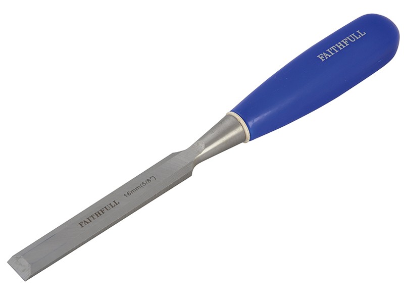 A bevel-edge wood chisel with a hardened steel blade and a polymer or wooden handle, for paring and chopping joints in timber.
