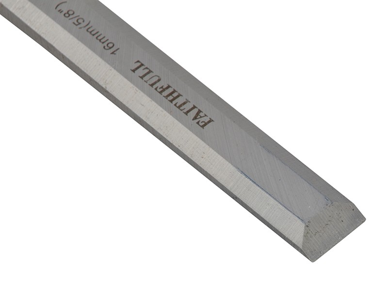 A bevel-edge wood chisel with a hardened steel blade and a polymer or wooden handle, for paring and chopping joints in timber.