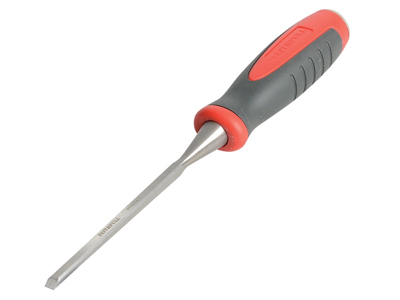 A bevel-edge wood chisel with a hardened steel blade and a polymer or wooden handle, for paring and chopping joints in timber.