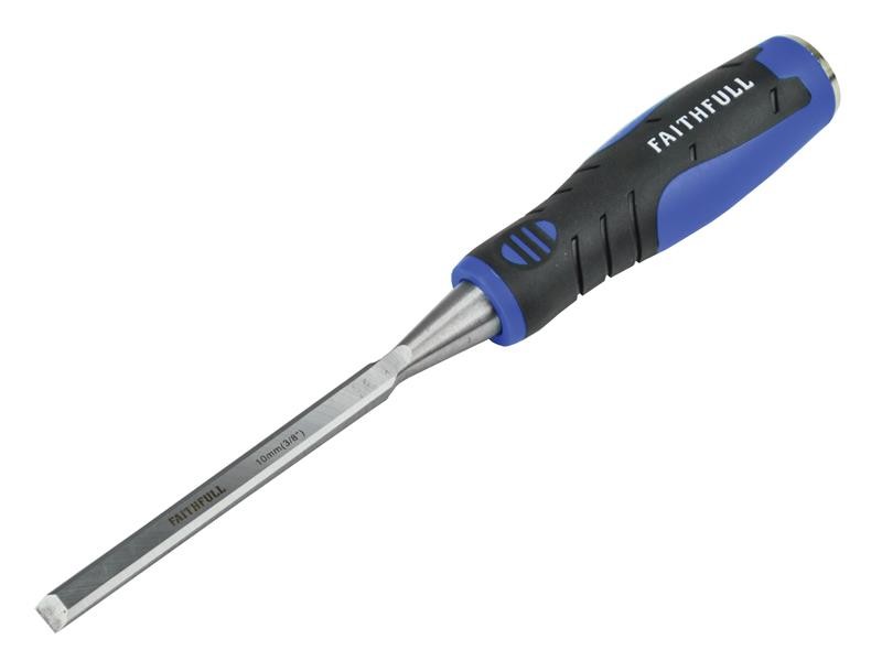 A bevel-edge wood chisel with a hardened steel blade and a polymer or wooden handle, for paring and chopping joints in timber.