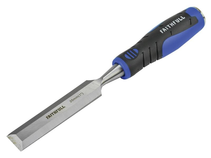 A bevel-edge wood chisel with a hardened steel blade and a polymer or wooden handle, for paring and chopping joints in timber.