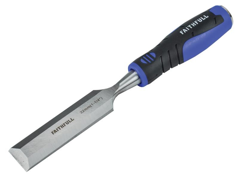 A bevel-edge wood chisel with a hardened steel blade and a polymer or wooden handle, for paring and chopping joints in timber.