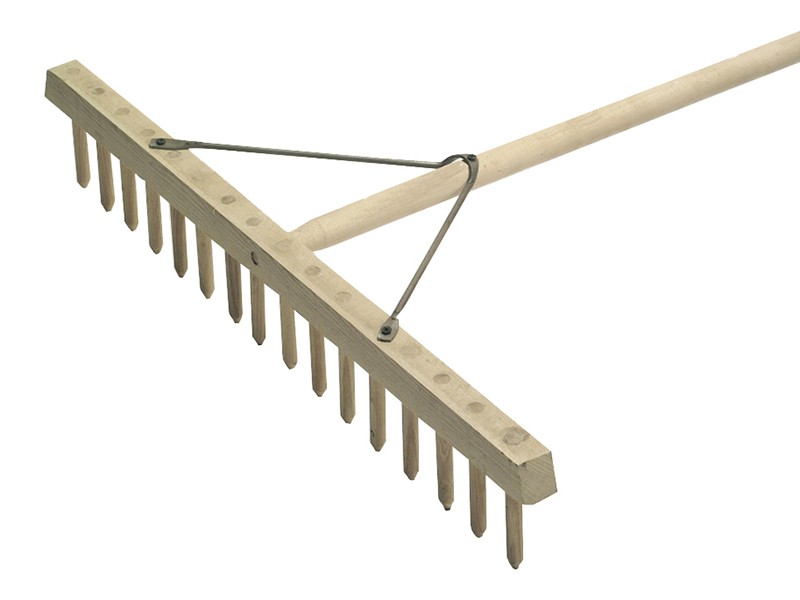 A Faithfull garden rake with multiple hardened steel tines and a long wooden handle, for levelling soil and clearing debris.