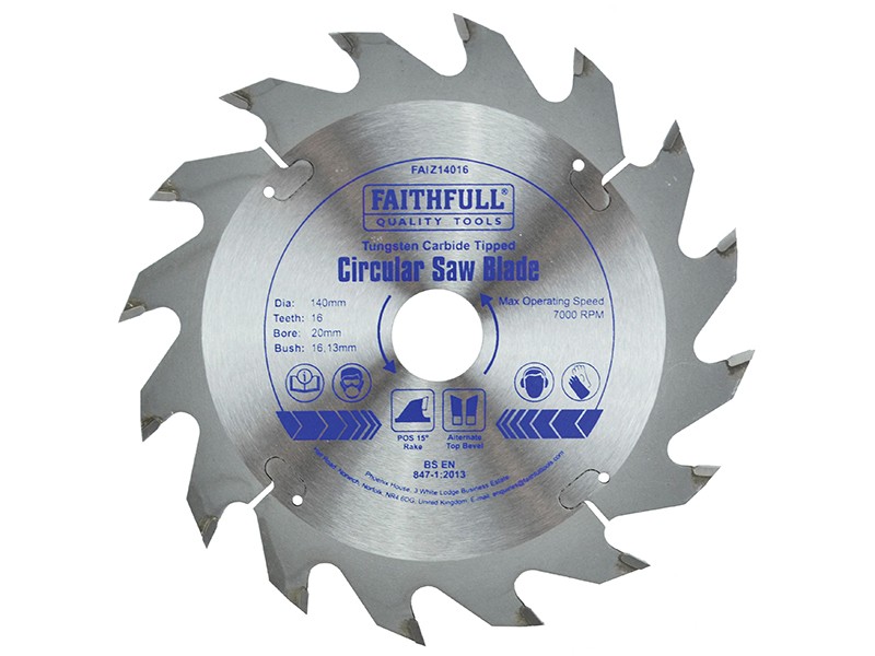 A Faithfull cordless circular saw with a motor, an adjustable bevel plate, and a blade guard, for ripping and cross-cutting timber.
