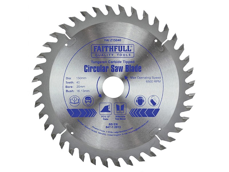 A Faithfull cordless circular saw with a motor, an adjustable bevel plate, and a blade guard, for ripping and cross-cutting timber.