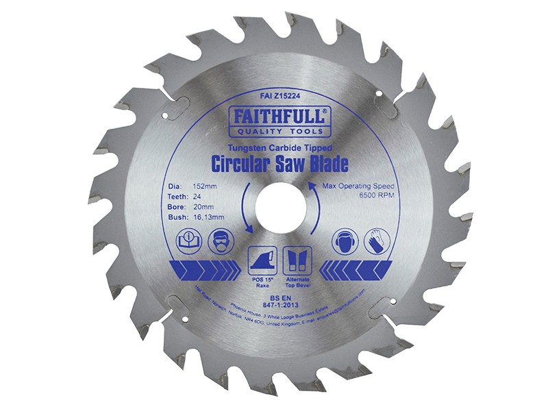 A Faithfull cordless circular saw with a motor, an adjustable bevel plate, and a blade guard, for ripping and cross-cutting timber.