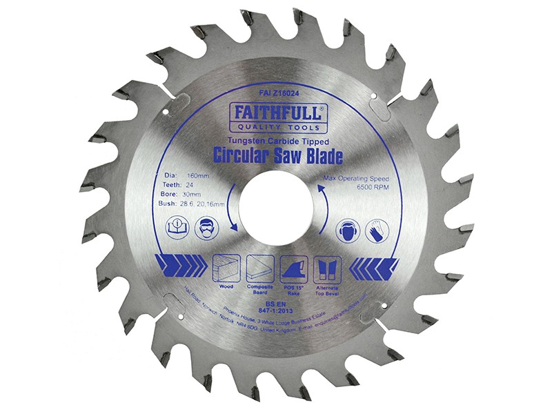 A Faithfull cordless circular saw with a motor, an adjustable bevel plate, and a blade guard, for ripping and cross-cutting timber.