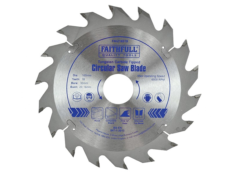 A Faithfull cordless circular saw with a motor, an adjustable bevel plate, and a blade guard, for ripping and cross-cutting timber.