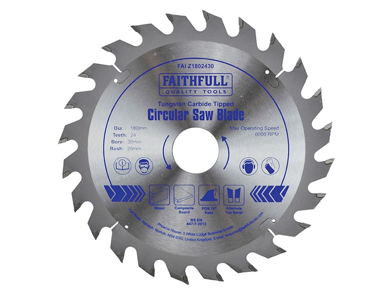A Faithfull cordless circular saw with a motor, an adjustable bevel plate, and a blade guard, for ripping and cross-cutting timber.