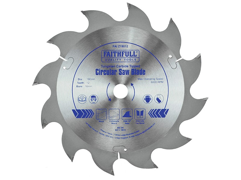 A Faithfull cordless circular saw with a motor, an adjustable bevel plate, and a blade guard, for ripping and cross-cutting timber.