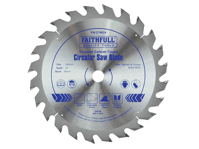 A Faithfull cordless circular saw with a motor, an adjustable bevel plate, and a blade guard, for ripping and cross-cutting timber.