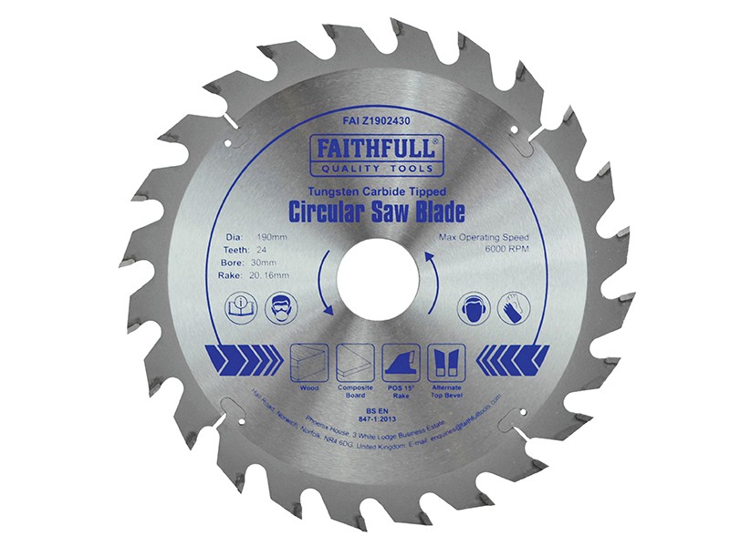 A Faithfull cordless circular saw with a motor, an adjustable bevel plate, and a blade guard, for ripping and cross-cutting timber.
