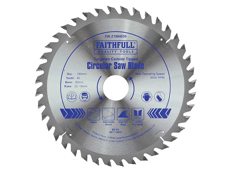 A Faithfull cordless circular saw with a motor, an adjustable bevel plate, and a blade guard, for ripping and cross-cutting timber.