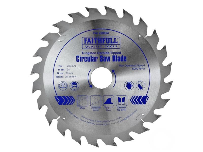 A Faithfull cordless circular saw with a motor, an adjustable bevel plate, and a blade guard, for ripping and cross-cutting timber.