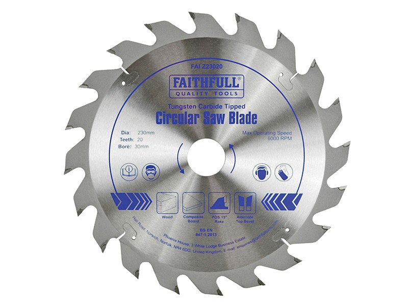 A Faithfull cordless circular saw with a motor, an adjustable bevel plate, and a blade guard, for ripping and cross-cutting timber.