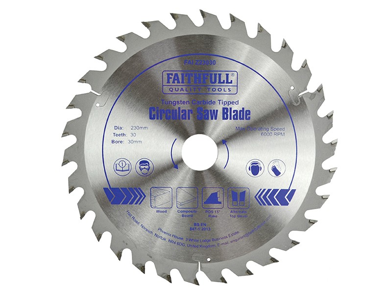 A Faithfull cordless circular saw with a motor, an adjustable bevel plate, and a blade guard, for ripping and cross-cutting timber.