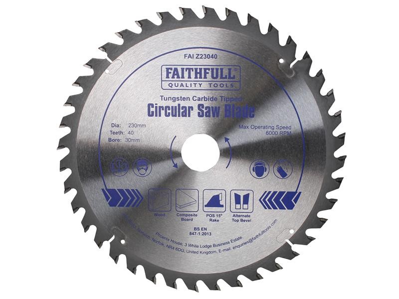 A Faithfull cordless circular saw with a motor, an adjustable bevel plate, and a blade guard, for ripping and cross-cutting timber.
