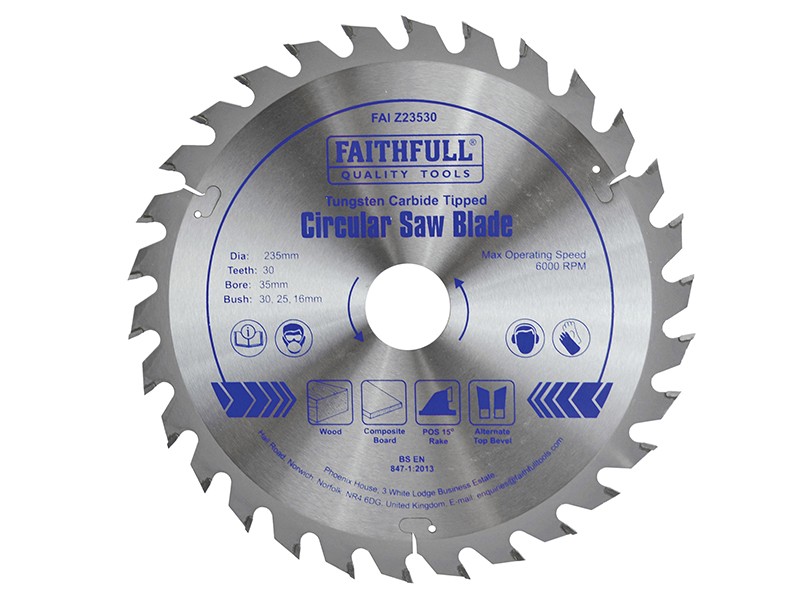 A Faithfull cordless circular saw with a motor, an adjustable bevel plate, and a blade guard, for ripping and cross-cutting timber.
