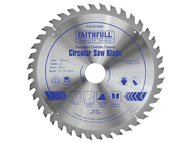 A Faithfull cordless circular saw with a motor, an adjustable bevel plate, and a blade guard, for ripping and cross-cutting timber.