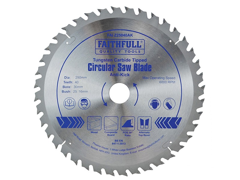 A Faithfull cordless circular saw with a motor, an adjustable bevel plate, and a blade guard, for ripping and cross-cutting timber.