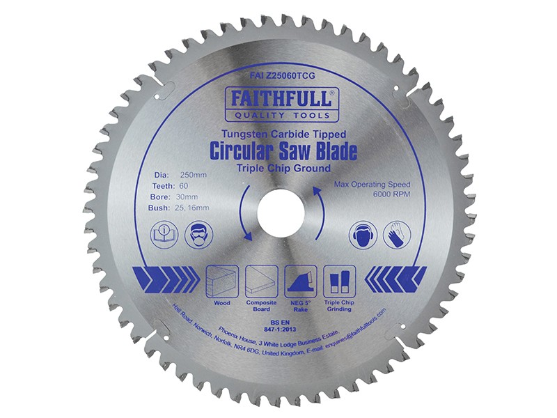 A Faithfull cordless circular saw with a motor, an adjustable bevel plate, and a blade guard, for ripping and cross-cutting timber.