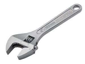 A Faithfull adjustable spanner with a smooth-jaw jaw opening controlled by a worm-gear wheel, suitable for a range of nut sizes.