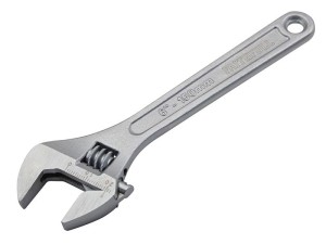 A Faithfull adjustable spanner with a smooth-jaw jaw opening controlled by a worm-gear wheel, suitable for a range of nut sizes.