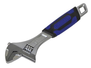 A Faithfull adjustable spanner with a smooth-jaw jaw opening controlled by a worm-gear wheel, suitable for a range of nut sizes.