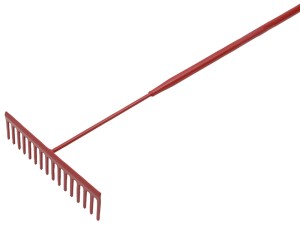 A Faithfull garden rake with multiple hardened steel tines and a long wooden handle, for levelling soil and clearing debris.