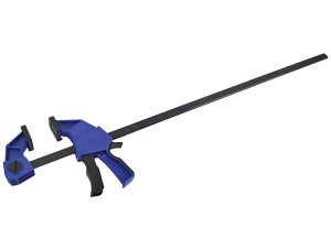 A Faithfull sash clamp with a long steel bar, a fixed jaw, and a sliding adjustable tail stop, for clamping wide assemblies during gluing.