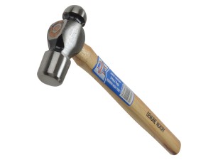 A ball pein hammer with a flat striking face and a hemispherical pein, used in metalworking for riveting and shaping.