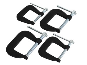 A Faithfull clamp with an adjustable jaw and a screw-tightening mechanism, for holding workpieces in position during cutting, drilling, or bonding.