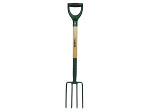 A Faithfull garden fork with four hardened steel tines and a wooden handle, for breaking up soil and lifting root vegetables.