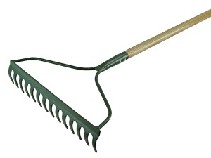 A Faithfull garden rake with multiple hardened steel tines and a long wooden handle, for levelling soil and clearing debris.