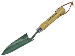 A Faithfull trowel with a polished steel blade and an ergonomic handle, for applying and finishing mortar, plaster, and adhesive.