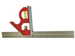 A Faithfull combination square with a graduated steel blade, a removable stock, a built-in level vial, and a scribe, for layout and checking angles.