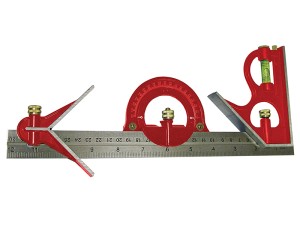 A Faithfull combination square with a graduated steel blade, a removable stock, a built-in level vial, and a scribe, for layout and checking angles.