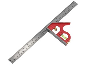 A Faithfull combination square with a graduated steel blade, a removable stock, a built-in level vial, and a scribe, for layout and checking angles.