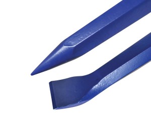 A hardened steel chisel with a bevelled cutting edge and a square-section body, for cutting stone, brick, or timber.